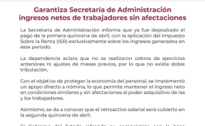 Garantiza Secretaría de Administración ingresos netos de trabajadores sin afectaciones