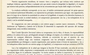 Sección 35 del SNTSA suspende a delegado sindical