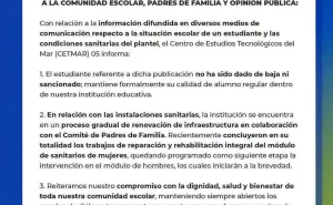 CETMar responde a señalamientos sobre alumno y condiciones de los baños