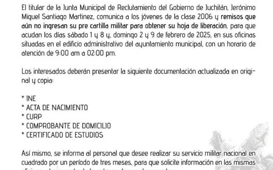 Convocan para realizar el Servicio Militar para jóvenes de la clase 2006 y remisos