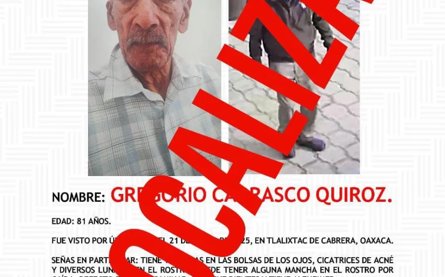 Localizan a don Gregorio reportado como desaparecida 