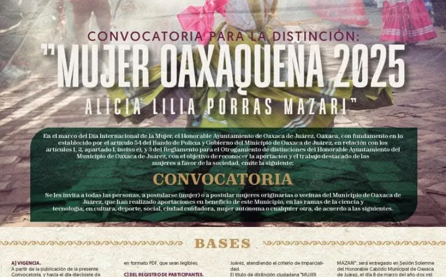 Convocatoria abierta para la distinción "Mujer Oaxaqueña 2025", en reconocimiento a la excelencia y aportaciones de las mujeres de la capital