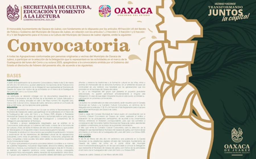 Continúa abierta Convocatoria para seleccionar a la Delegación que representará a la capital en la Guelaguetza 2025