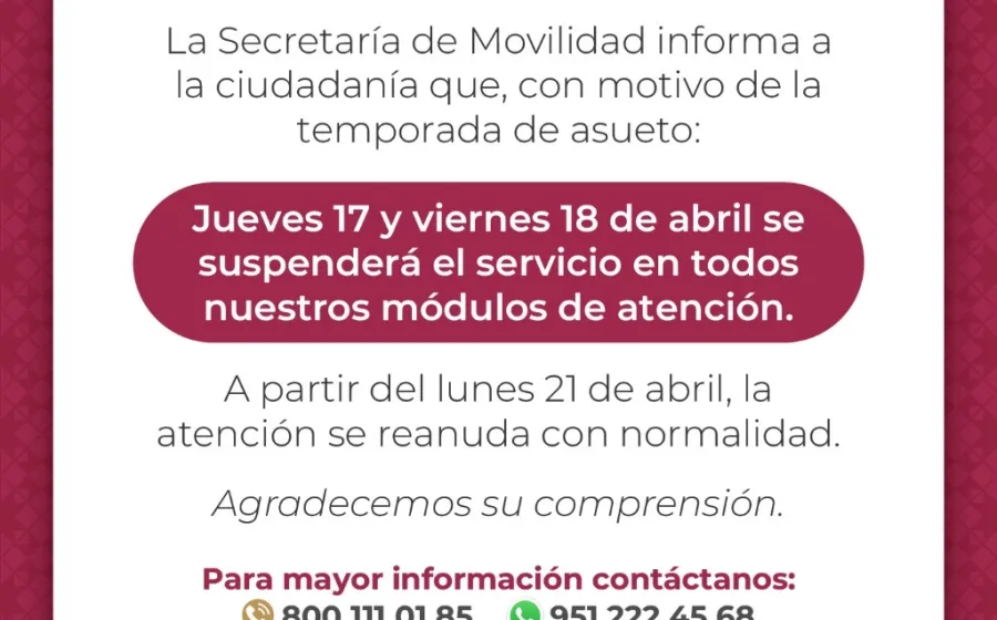 Informa Semovi ajuste en horario de atención en módulos por temporada de asueto