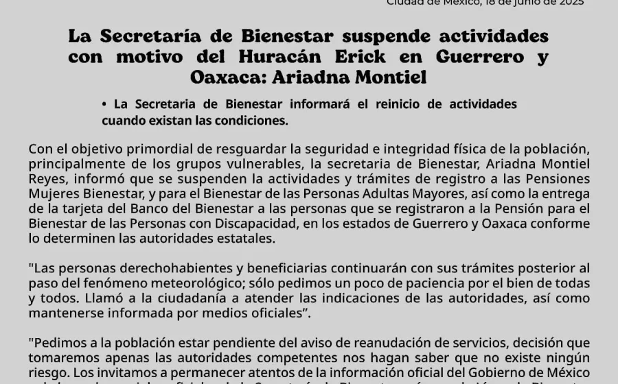 Por Huracán Erick, suspende actividades Secretaría de Bienestar en Oaxaca