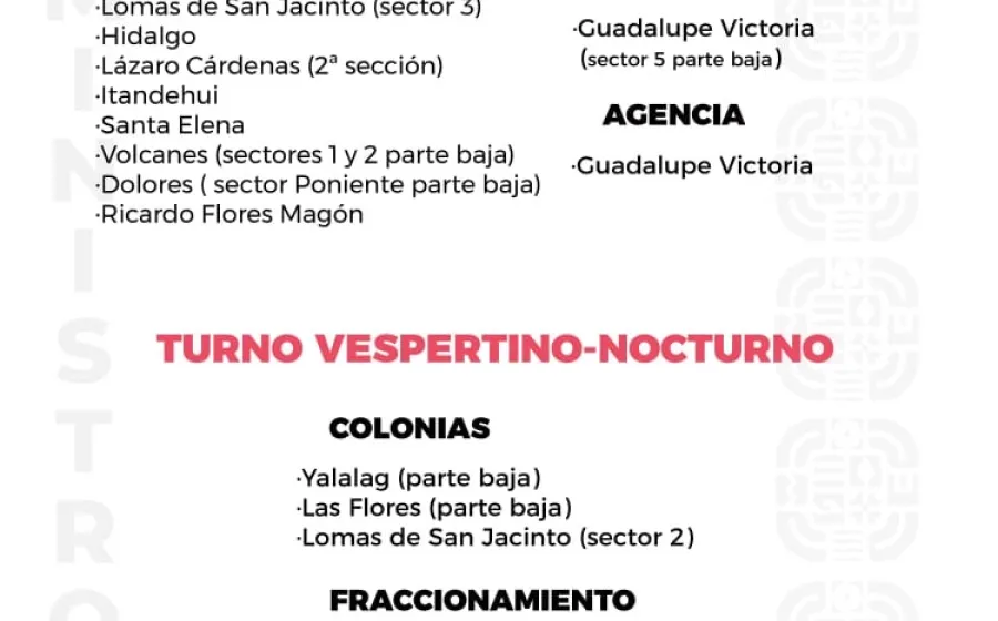 Agenda del suministro de agua potable para este lunes 