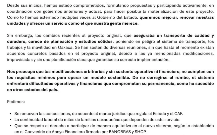 Se pronuncian concesionarios del transporte urbano en Oaxaca de Juárez 