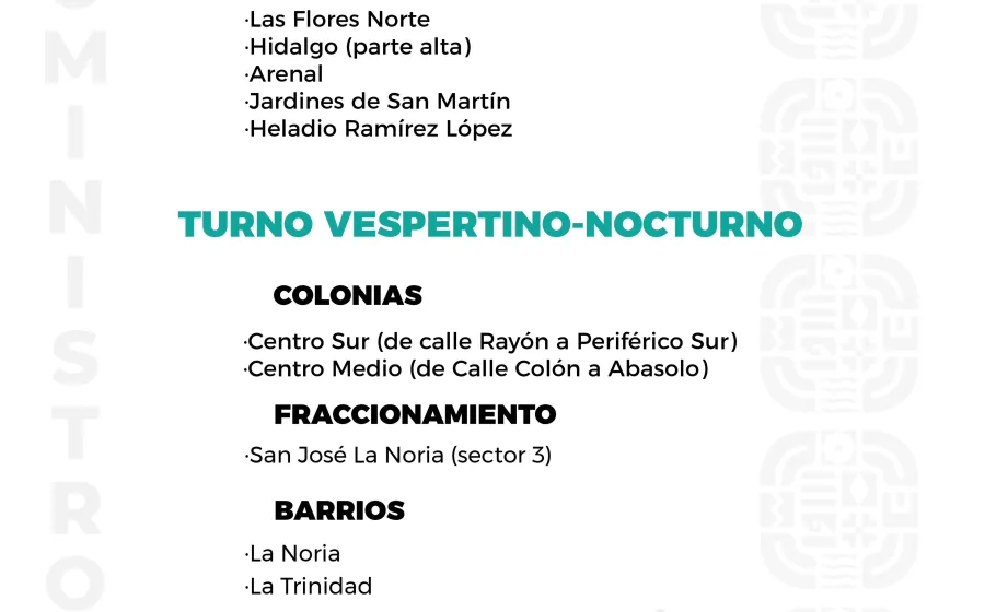 Agenda del suministro de agua potable para ests jueves 
