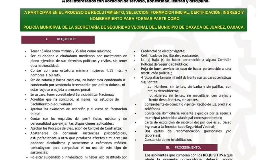 Lanza Municipio de Oaxaca de Juárez la Segunda Convocatoria para ingresar a la Policía Municipal