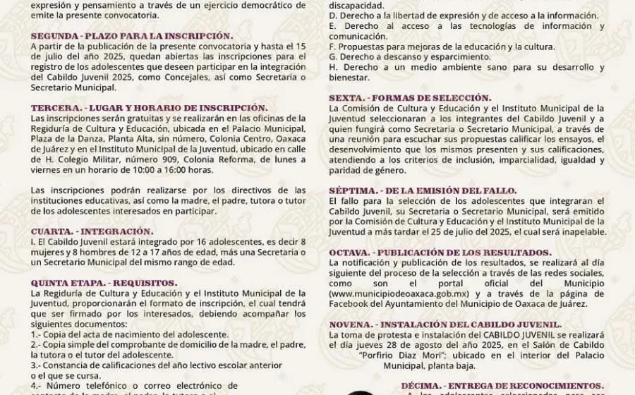 Convocan al Cabildo Juvenil 2025 en Oaxaca de Juárez