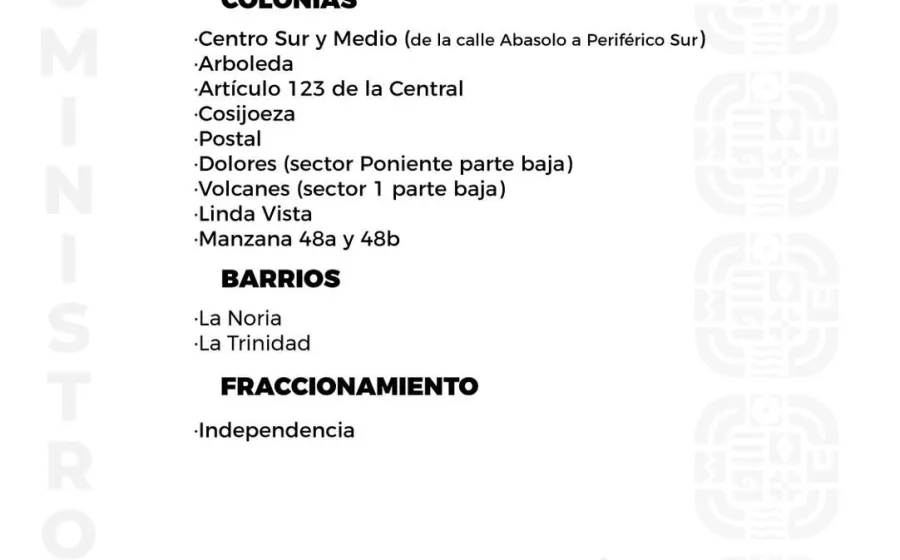 Agenda del suministro de agua potable para este sábado 