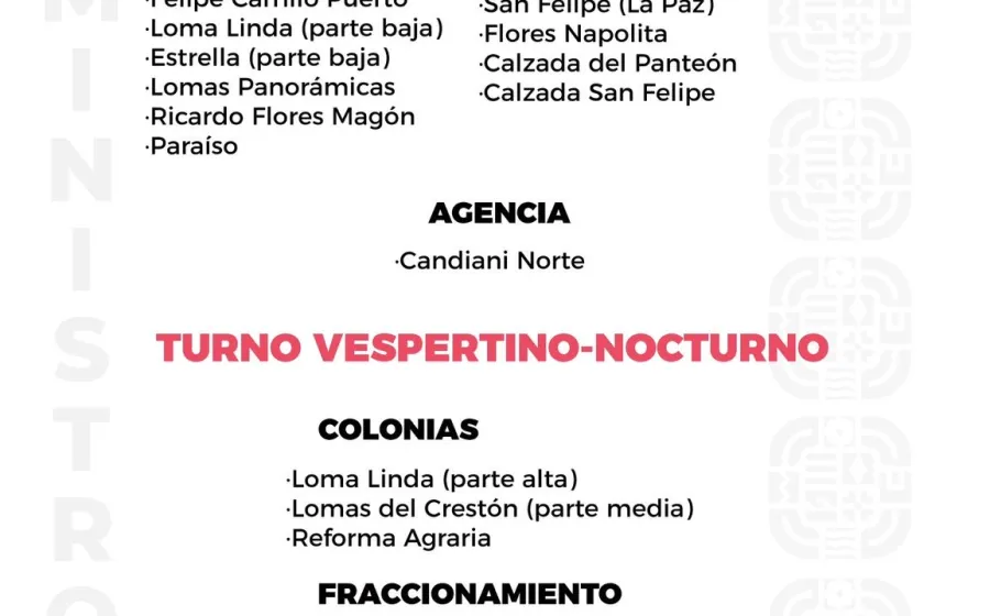 Agenda del suministro de agua potable para este lunes 