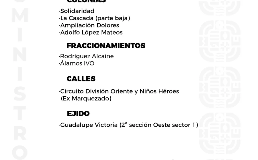 Agenda del suministro de agua potable de este martes
