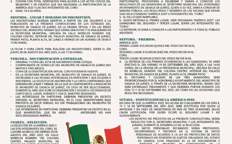 Municipio de Oaxaca de Juárez lanza convocatoria para elegir a la América 2025