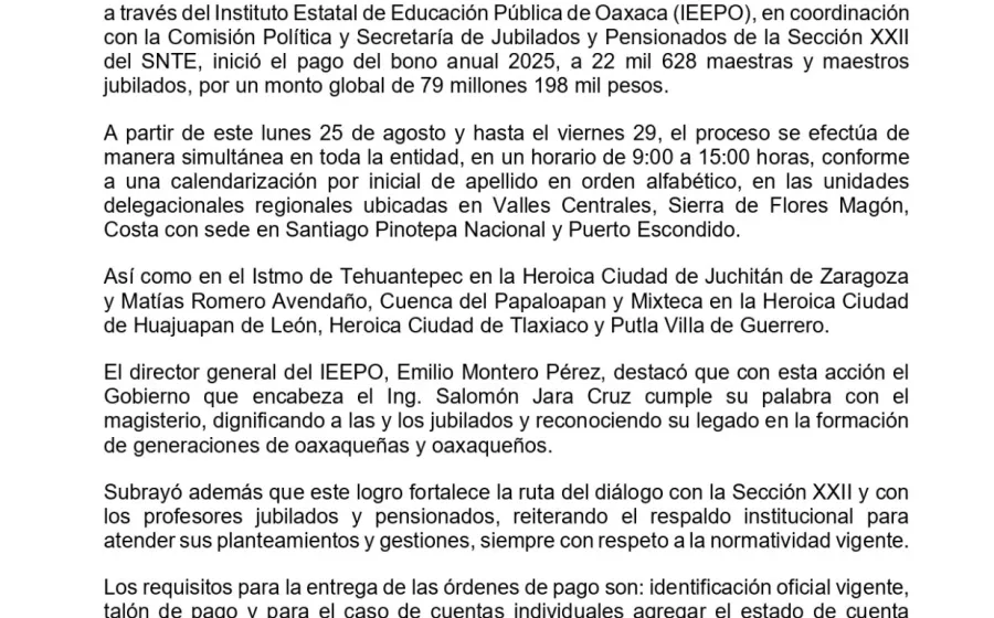 Más de 79 mdp paga IEEPO para pago de bono a jubilados
