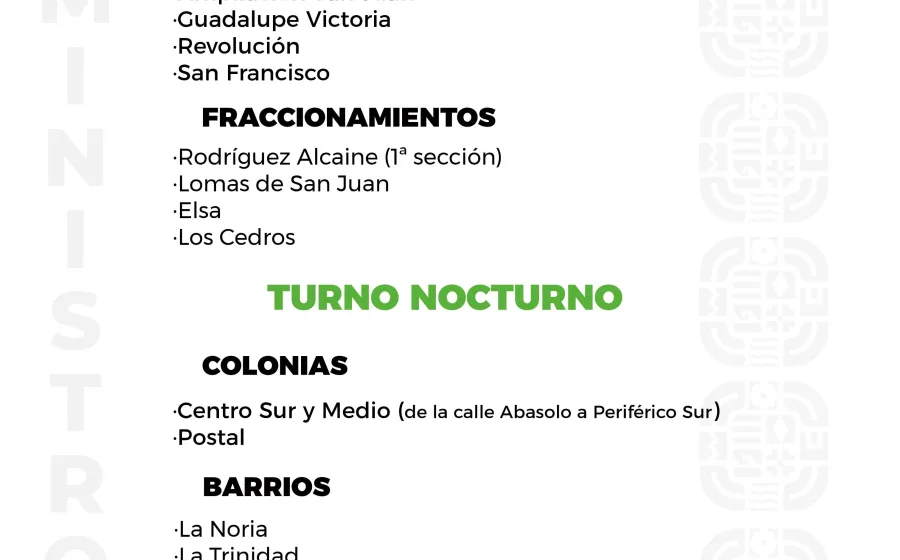 Agenda del suministro de agua potable para este domingo