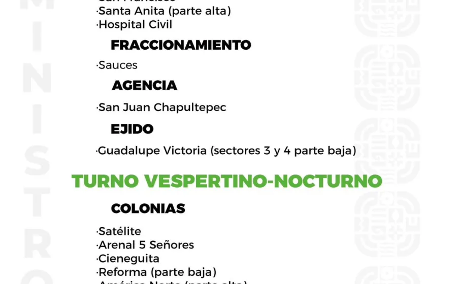 Agenda del suministro de agua potable para este domingo
