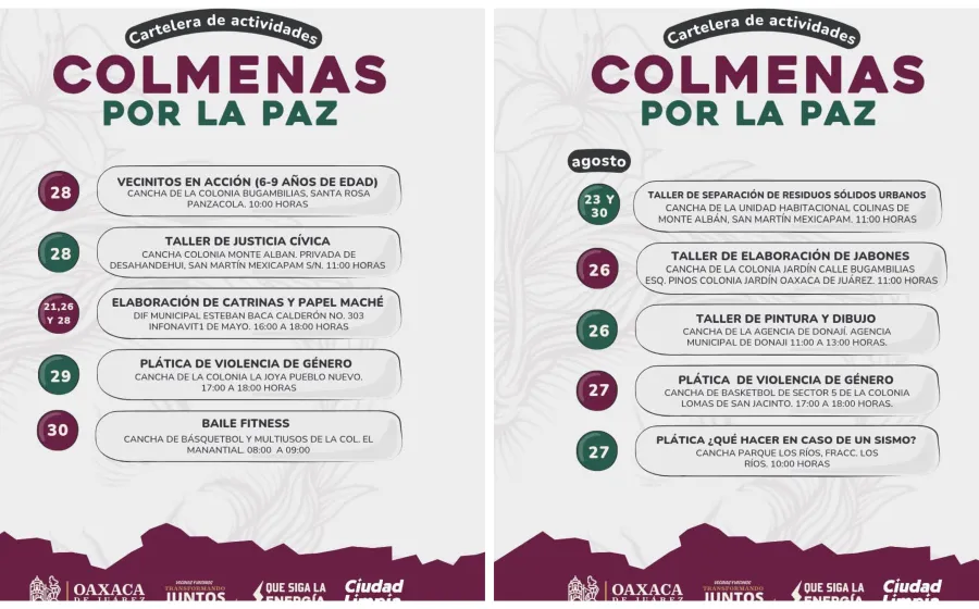Actividades de Colmenas por la Paz llegan a colonias y agencias de Oaxaca de Juárez