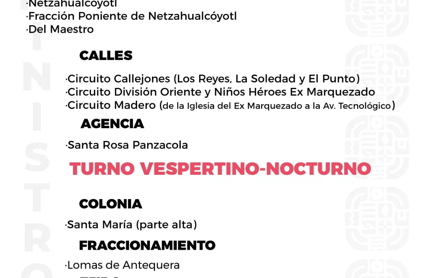 Agenda del suministro de agua potable para este lunes