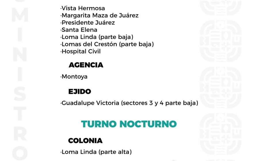 Agenda del suministro de agua potable para este jueves