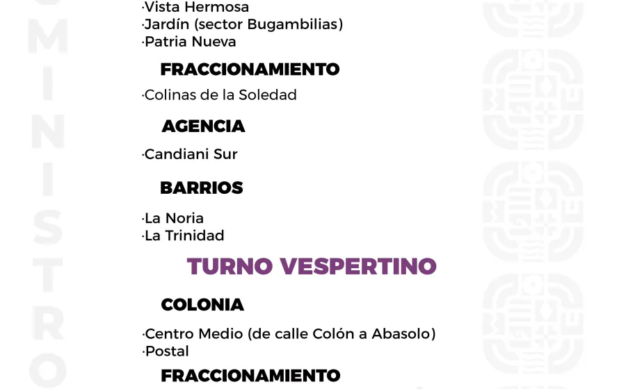 Agenda del suministro de agua potable para este viernes 