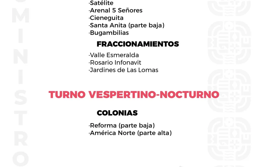 Agenda del suministro de agua potable para este lunes