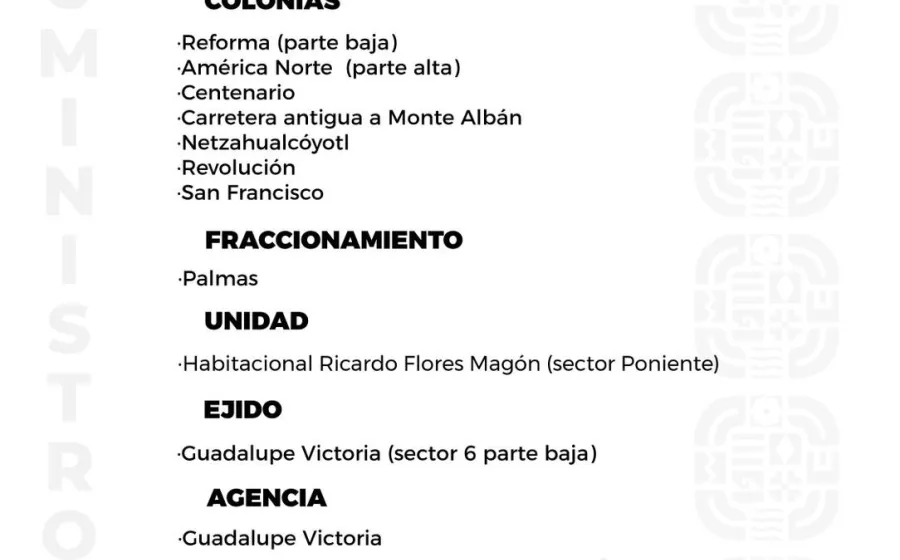 Agenda del suministro de agua potable para este domingo