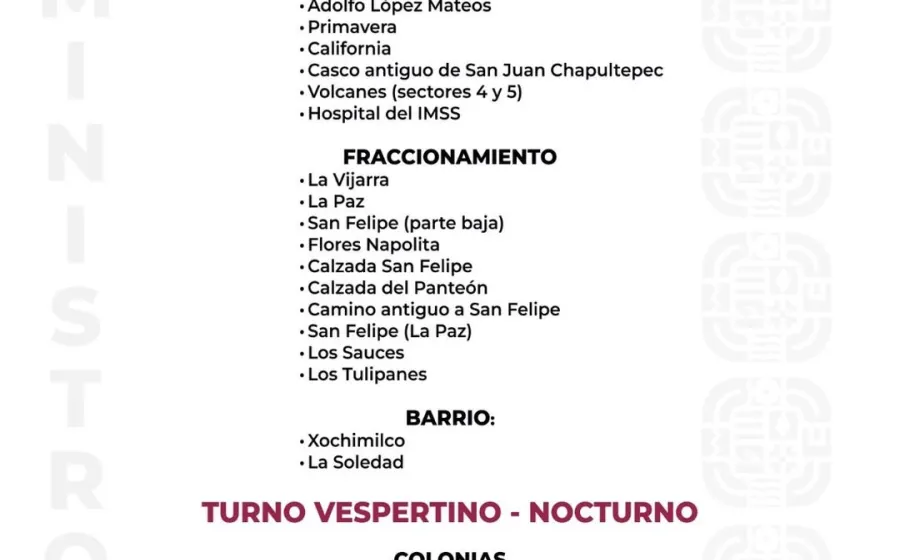 Agenda del suministro de agua potable para este lunes 