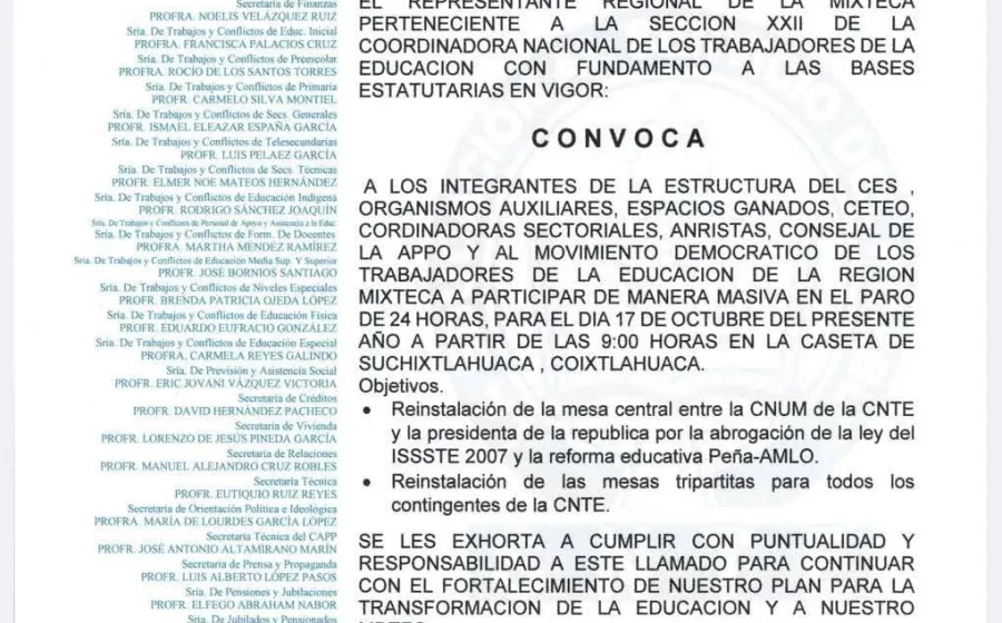 Sección 22 anuncia abanico de bloqueos y toma de establecimientos