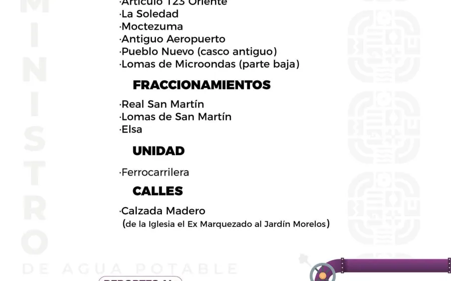 Agenda del suministro de agua potable para este viernes