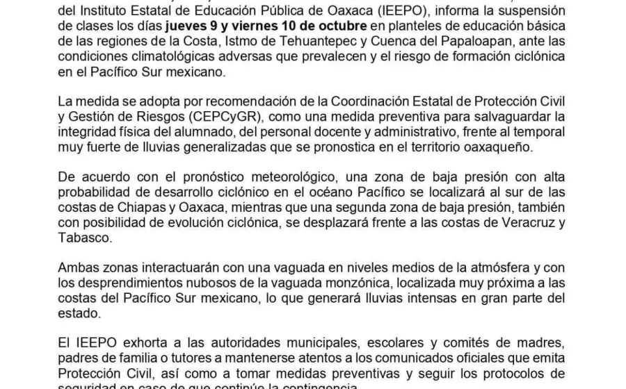 Por lluvias IEEPO llama a suspender clases en Costa, Istmo y Cuenca