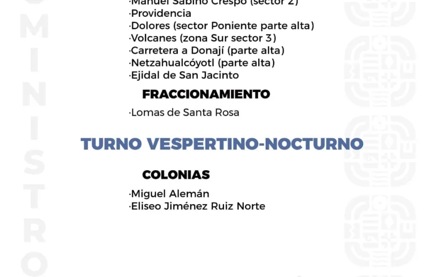 Agenda del suministro de agua potable para este sábado 