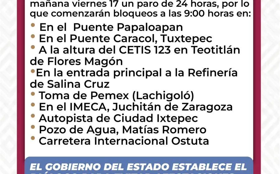 Advierten por bloqueos en diferentes zonas de Oaxaca para este viernes