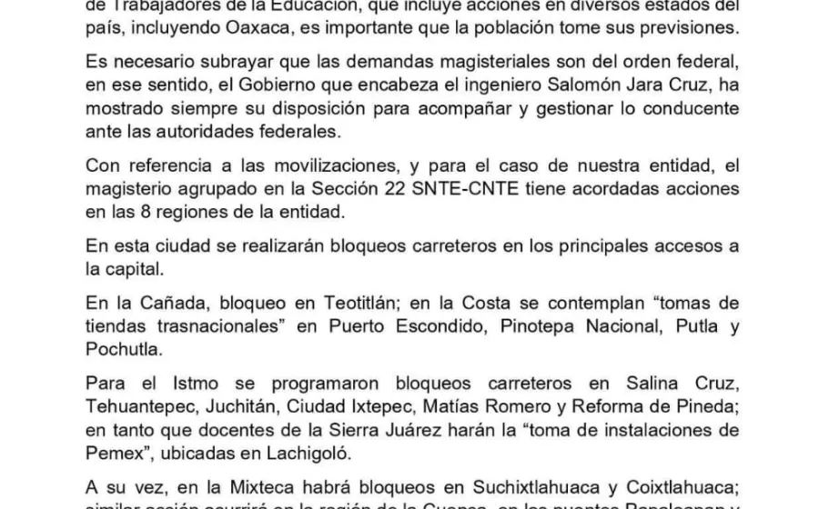 Emite IEEPO llamado a la ciudadanía a tomar previsiones ante movilización de maestros este viernes