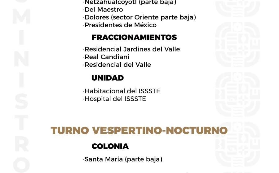 Agenda del suministro de agua potable para este lunes