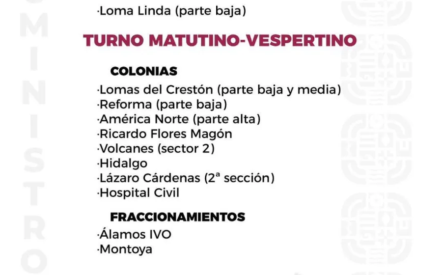 Agenda del suministro de agua potable para este miércoles 