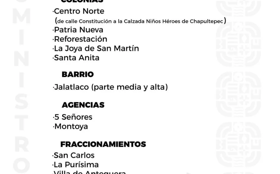 Agenda del suministro de agua potable para este viernes