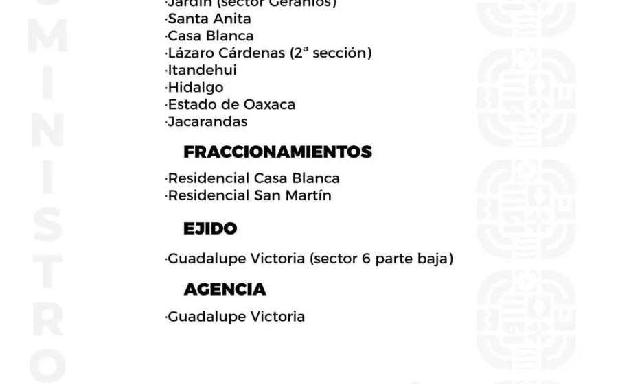 Agenda del suministro de agua potable para este martes 