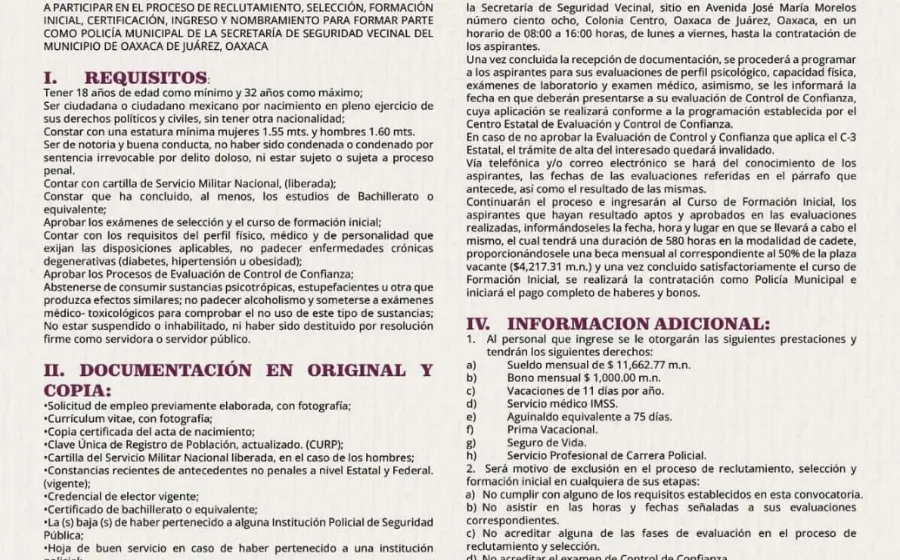 Emite Oaxaca de Juárez convocatoria para integrar la Policía Municipal