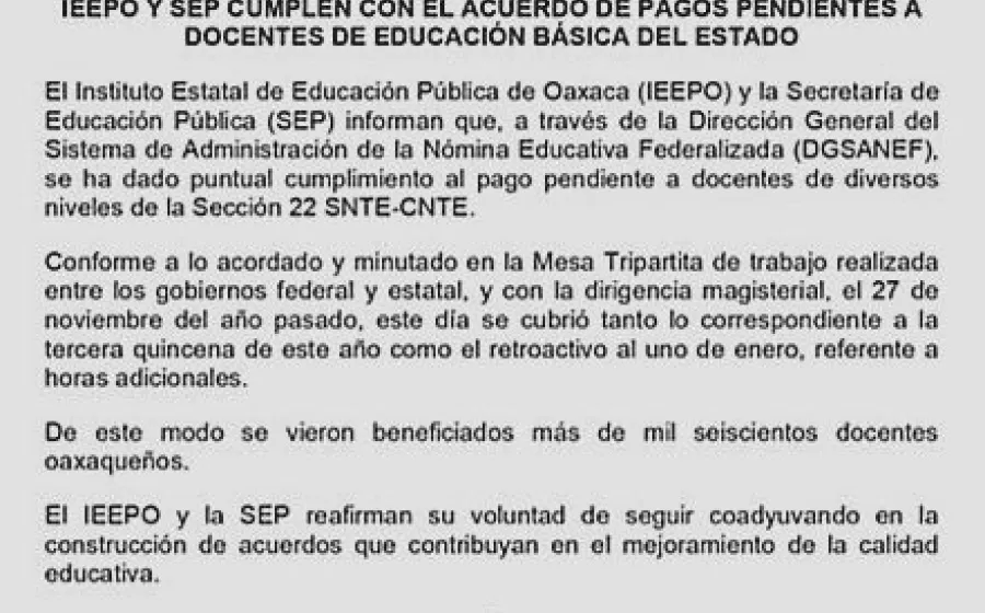 Cumple IEEPO y SEP con acuerdo de pago a docentes de educación básica 