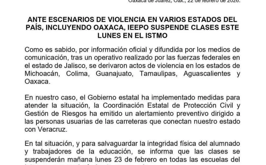 IEEPO suspende clases en el Istmo ante ola de violencia