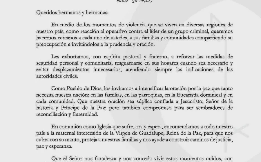 Episcopado mexicano llama a la prudencia y a la oración ante escala de violencia en el país