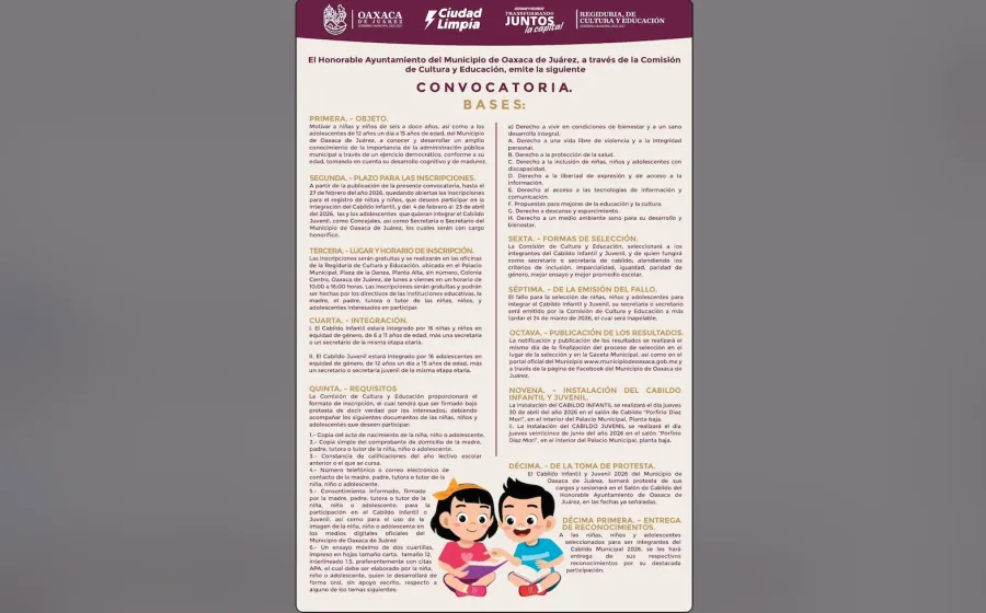Convocan a integrar el Cabildo Infantil y Juvenil 2026 en Oaxaca de Juárez