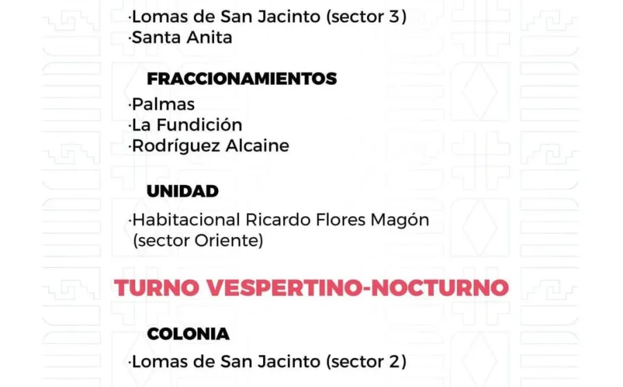 Agenda del suministro de agua potable para este domingo 