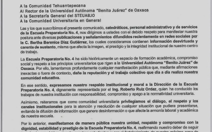 Comunidad académica respalda a su director de la Preparatoria 4 de Tehuantepec 