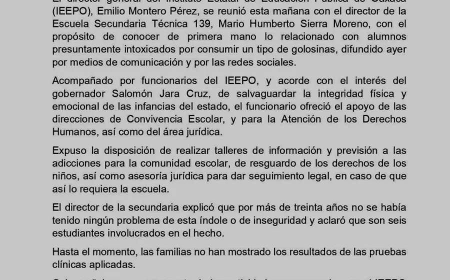 Ofrece IEEPO respaldo institucional a Sec. 139, ante presunta intoxicación de estudiantes