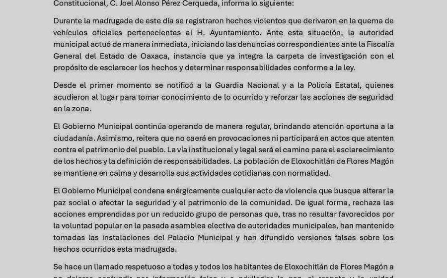 Gobierno municipal denuncia quema de vehículos oficiales en Eloxochitlán de Flores Magón