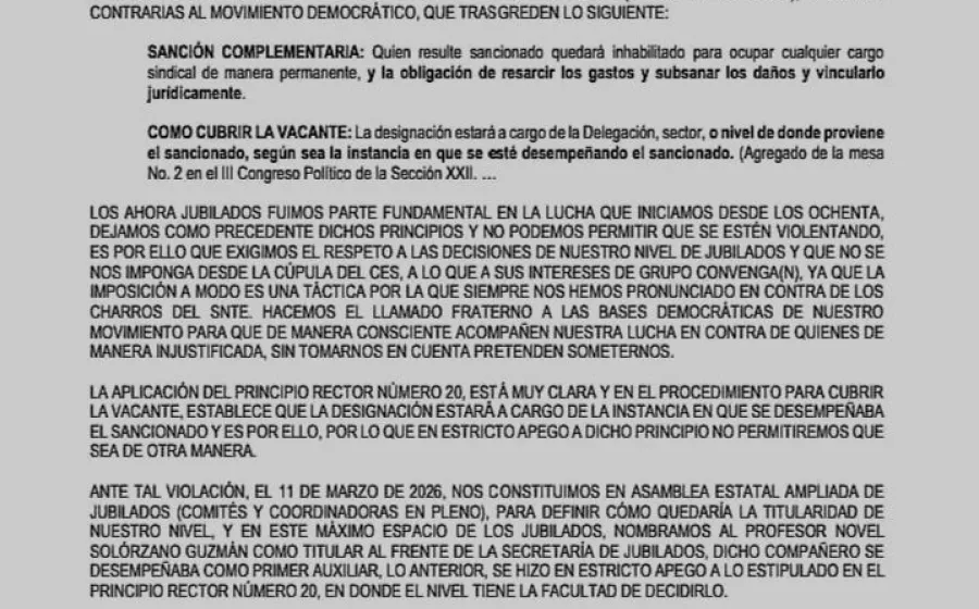 Profesores jubilados, denuncian imposiciónes de dirigentes de la Secc 22 de la CNTE.