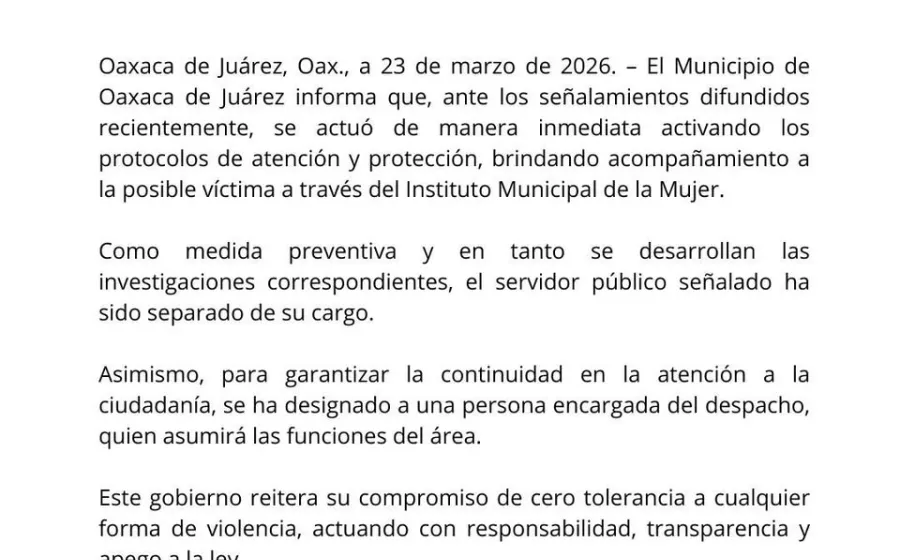 Se separa del cargo a persona señalada y se protege a posible víctima en municipio de Oaxaca de Juárez 