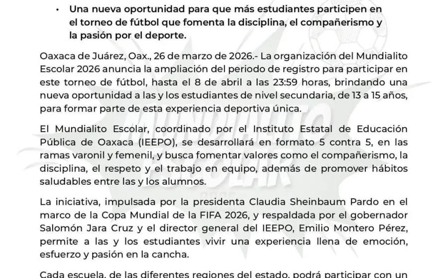 Continúa hasta el 8 de abril las inscripciones para "El Mundialito Escolar 2026".